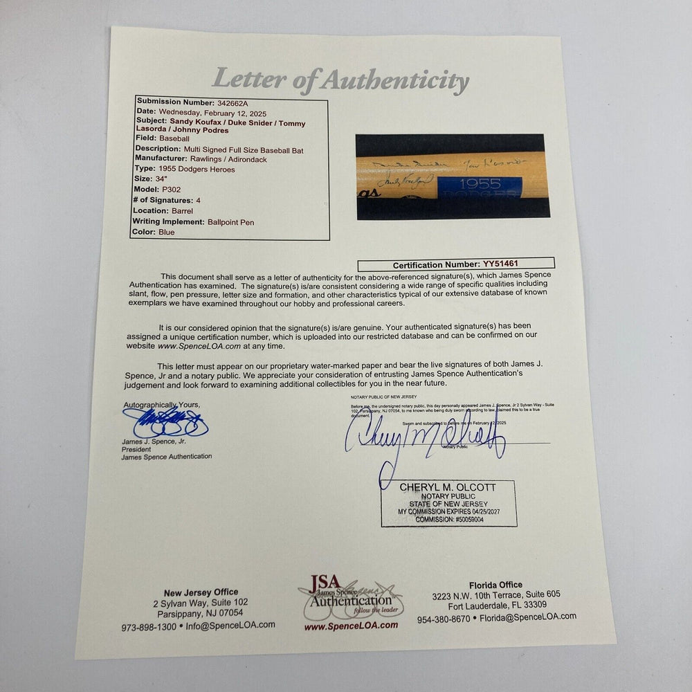 Sandy Koufax 1955 Dodgers World Series Champs Multi Signed Baseball Bat JSA COA