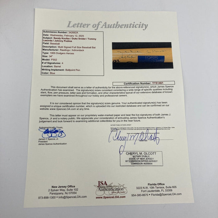 Sandy Koufax 1955 Dodgers World Series Champs Multi Signed Baseball Bat JSA COA