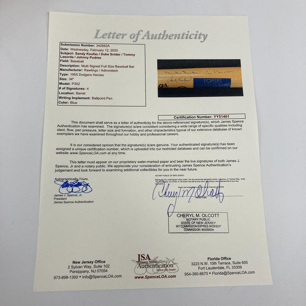 Sandy Koufax 1955 Dodgers World Series Champs Multi Signed Baseball Bat JSA COA