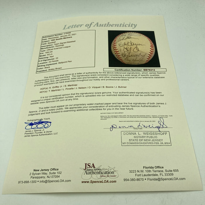 1993 Seattle Mariners Team Signed Baseball With Ken Griffey Jr. JSA COA