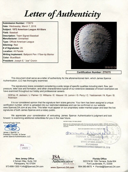 1972 All Star Game American League Team Signed Baseball PSA DNA & JSA COA