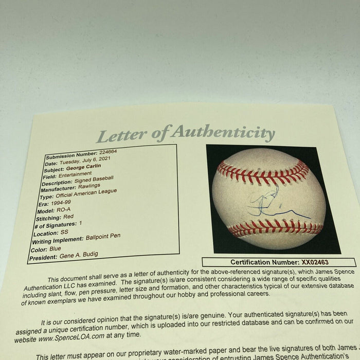 George Carlin Signed Autographed American League Baseball With JSA COA RARE