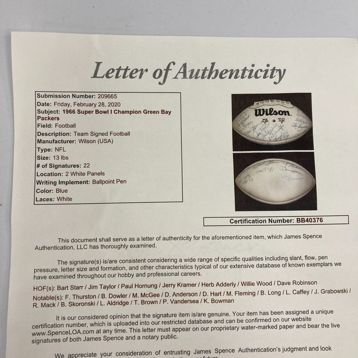 1966 Green Bay Packers Super Bowl 1 Champs Team Signed Football JSA COA