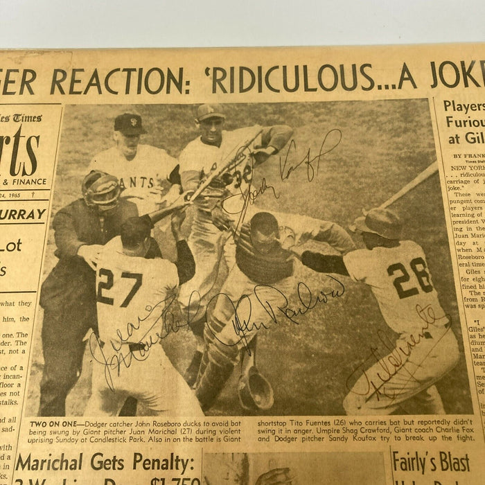 Sandy Koufax Juan Marichal Famous Brawl Signed Vintage 1965 Newspaper Beckett