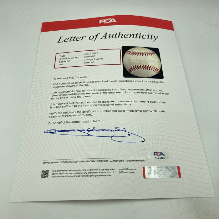 J. Edgar Hoover Single Signed 1930's Baseball The Only One Known PSA & Beckett
