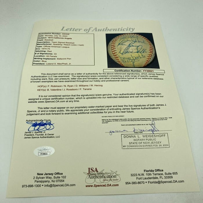 Nolan Ryan 1974 California Angels Team Signed American League Baseball JSA COA