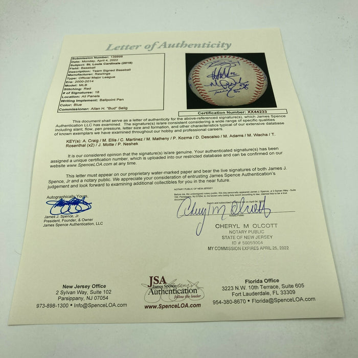 2018 St. Louis Cardinals Team Signed Major League Baseball With JSA COA