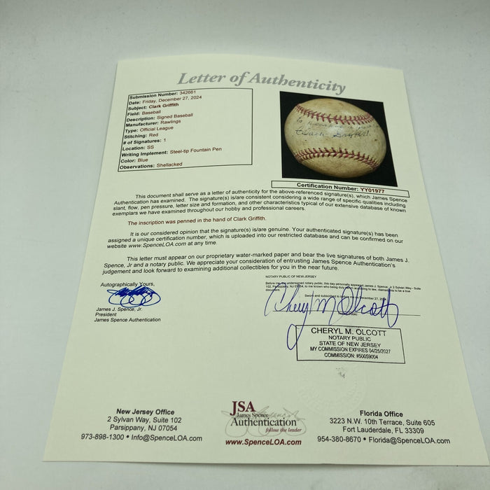Clark Griffith Single Signed Vintage Official League Baseball JSA COA