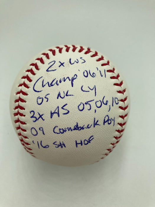 Chris Carpenter Signed Heavily Inscribed STAT Baseball JSA COA