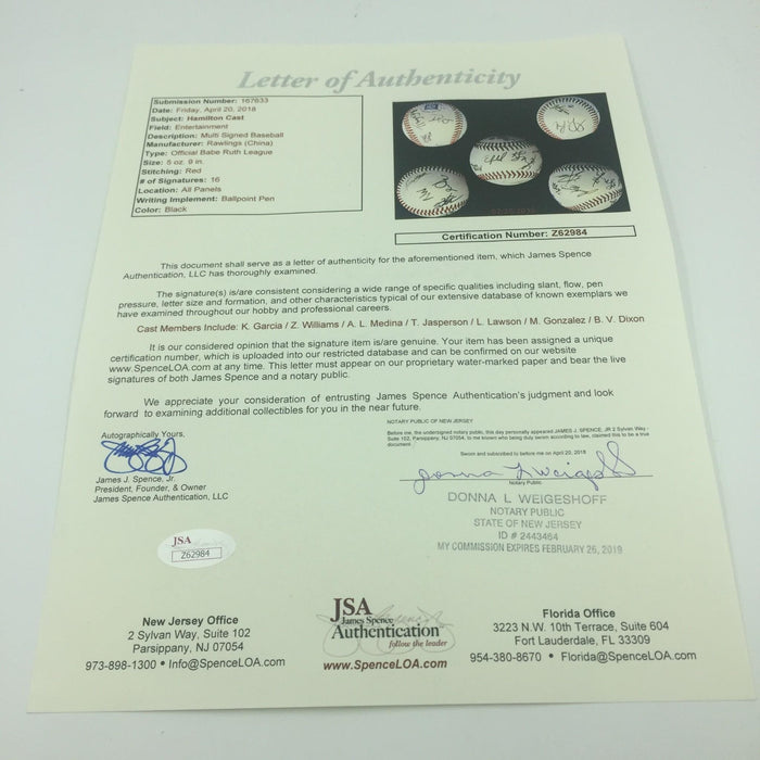 Rare Hamilton Cast Multi Signed Baseball 16 Signatures JSA COA Broadway Show