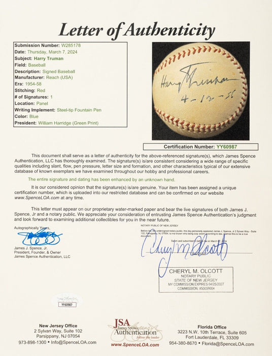 President Harry Truman Single Signed American League Baseball JSA COA