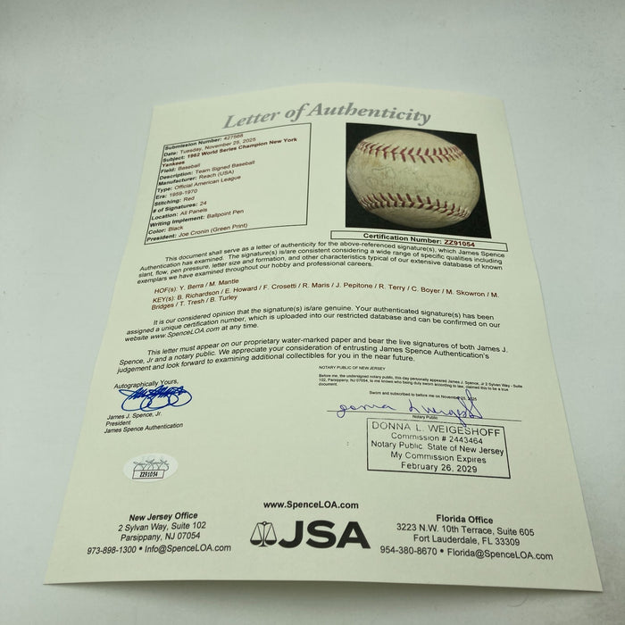 1962 New York Yankees W.S. Champs Team Signed Baseball Mickey Mantle JSA COA