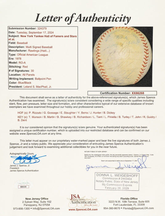1978 Yankees World Series Champs Team Signed Baseball Thurman Munson JSA COA