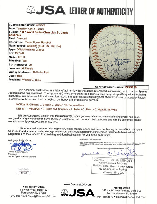 1967 St. Louis Cardinals World Series Champs Team Signed Baseball JSA COA