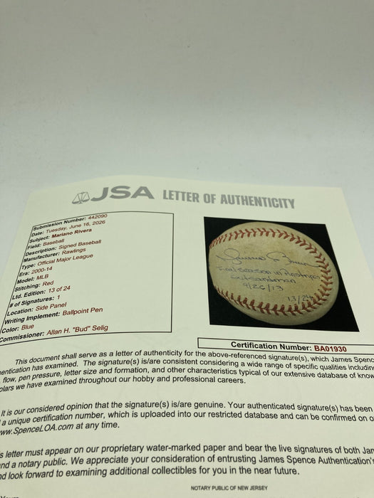 Mariano Rivera Final Career Game Signed Game Used Baseball Steiner & JSA #13/24