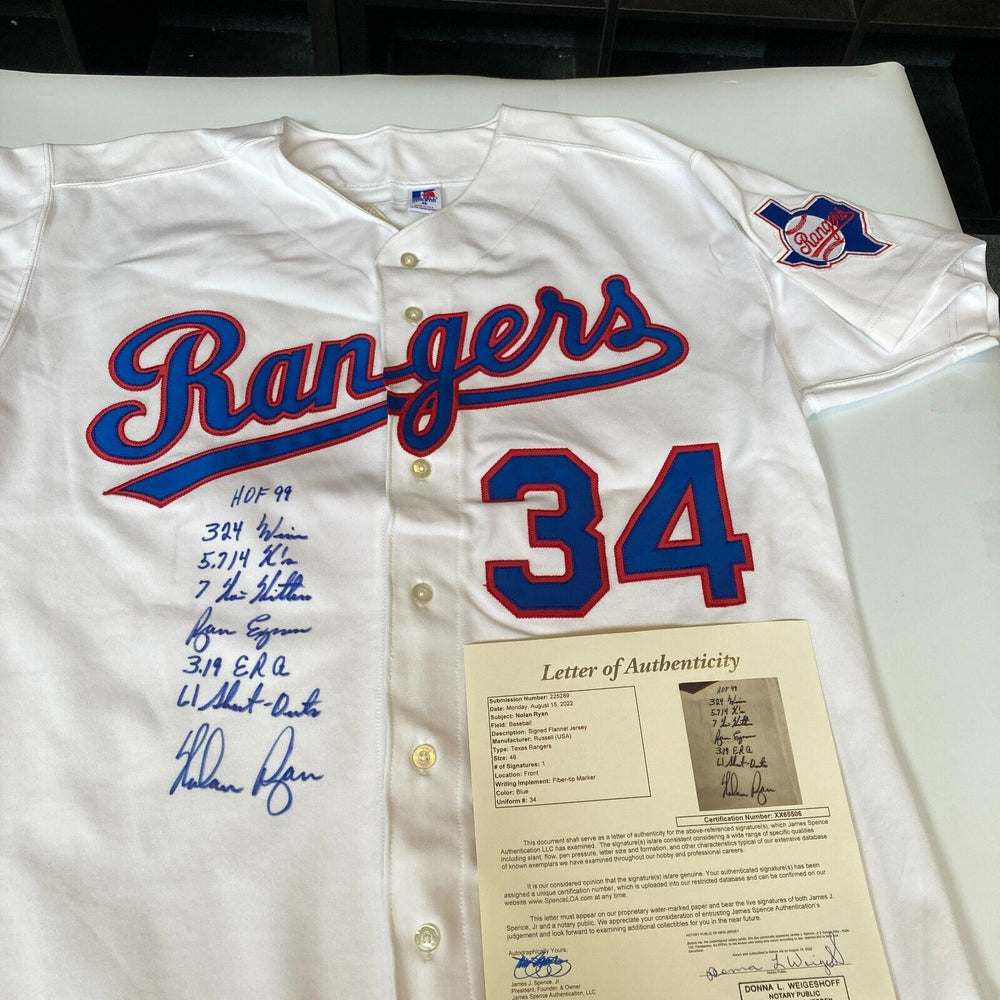 Nolan Ryan Signed Heavily Inscribed Texas Rangers Game Model STAT Jersey JSA COA