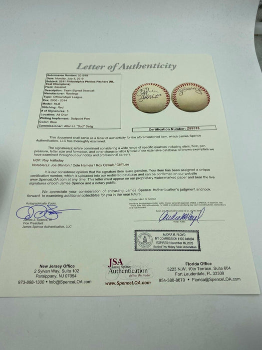 Roy Halladay Cliff Lee Hamels Phillies Starting Pitchers Signed Baseball JSA COA