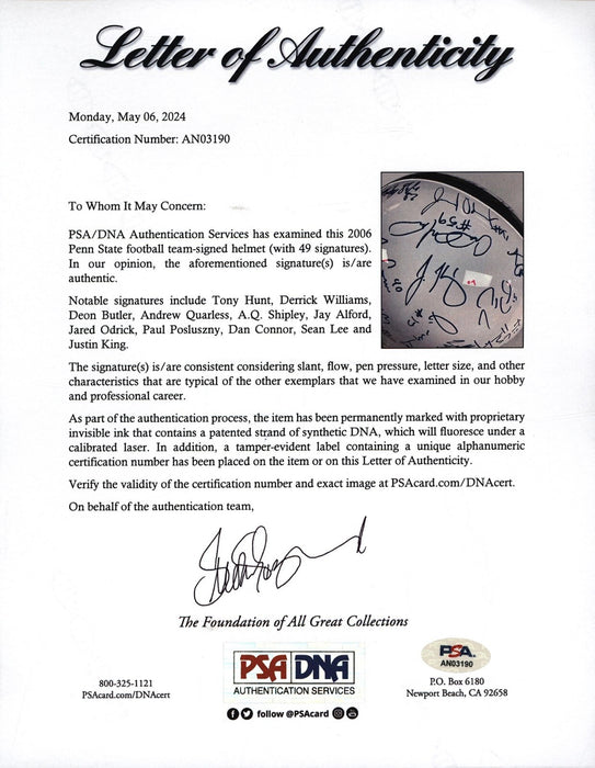 2006 Penn State Team Signed Full SIze Helmet w/49 Signatures PSA DNA COA