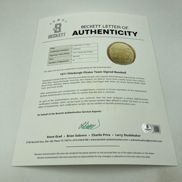 1971 Pittsburgh Pirates WS Champs Team Signed Baseball Roberto Clemente BAS COA