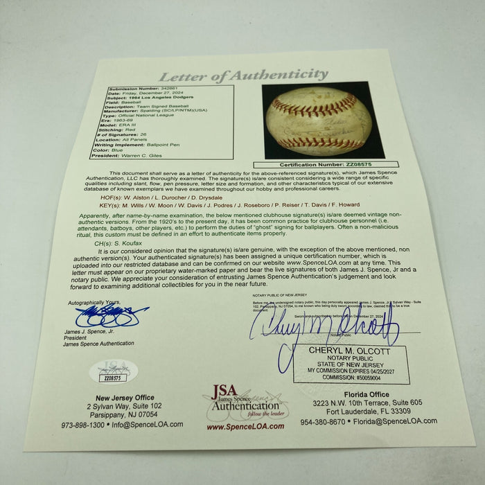 1964 Los Angeles Dodgers Team Signed National League Baseball JSA COA