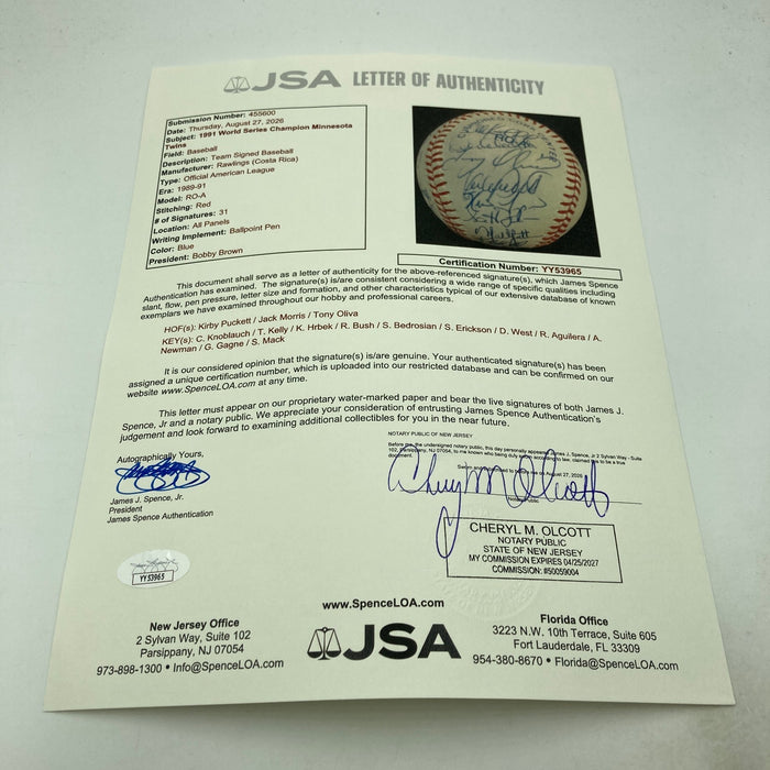 1991 Minnesota Twins World Series Champs Team Signed Baseball JSA COA 31 Sigs