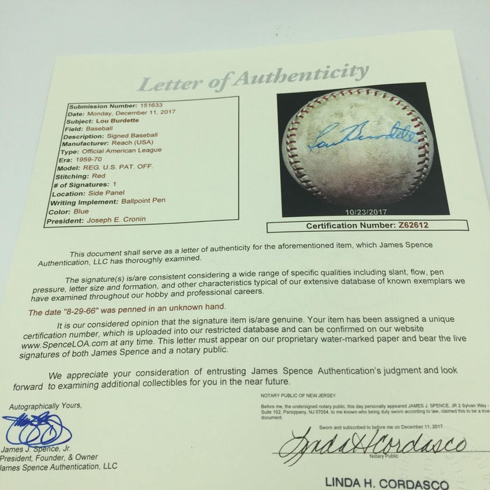 1966 Lew Burdette Signed Game Used American League Baseball With JSA COA