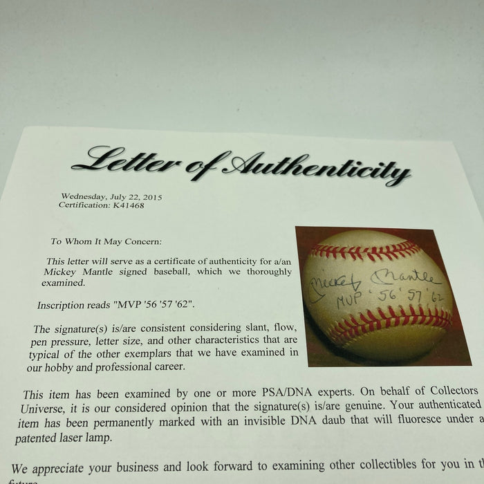 Mickey Mantle "MVP 1956 1957 1962" Signed Inscribed American League Baseball PSA
