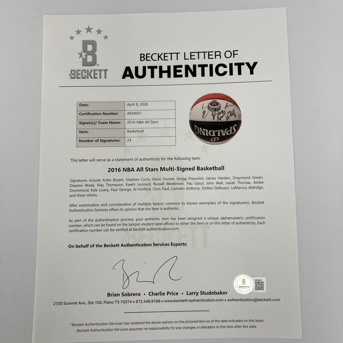 2016 All Star Game Team Signed Basketball Kobe Bryant Final AS Game Beckett COA