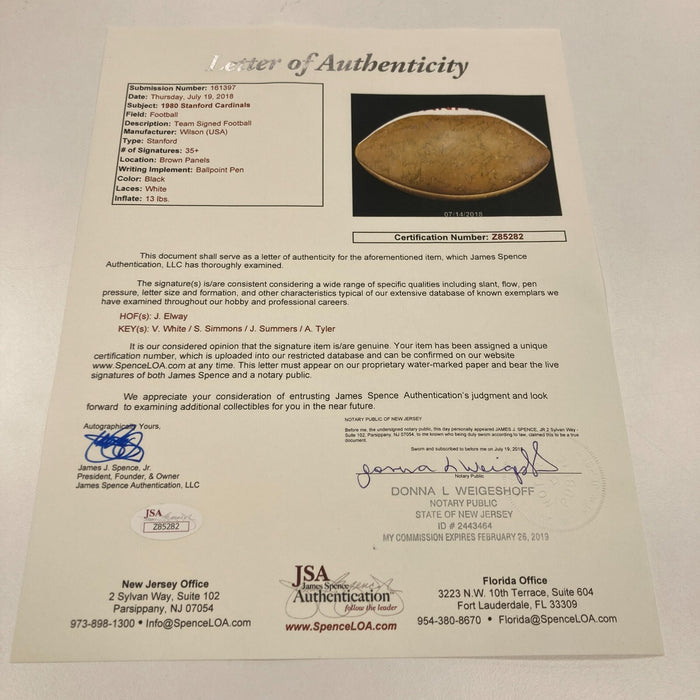 John Elway Pre Rookie 1980 Stanford Cardinals Team Signed Football JSA COA