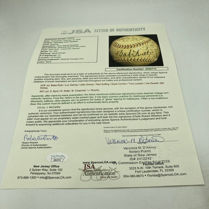 Babe Ruth & Lou Gehrig 1934 New York Yankees Team Signed Baseball JSA COA