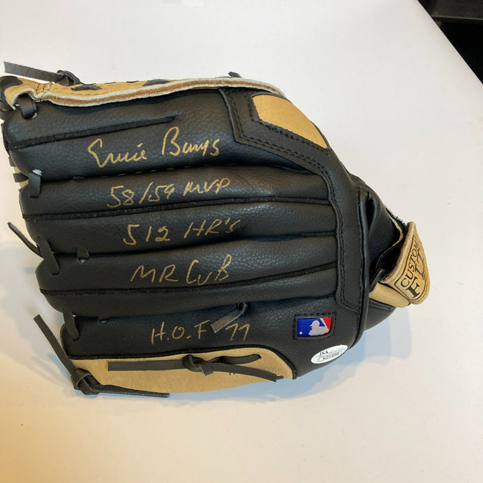 Ernie Banks Signed Heavily Inscribed Career STAT Baseball Glove JSA COA