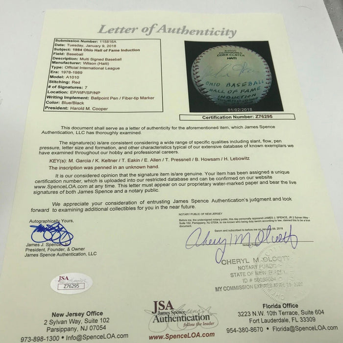 1984 Ohio Hall Of Fame Induction Signed Baseball Bob Howsam Mike Garcia JSA COA