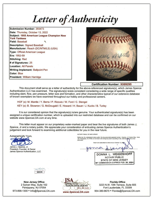 Beautiful 1955 New York Yankees American League Champs Team Signed Baseball JSA