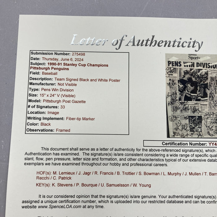 1990-91 Stanley Cup Champion Pittsburgh Penguins Team Signed Newspaper Photo JSA