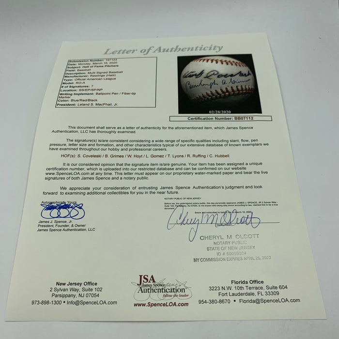 New York HOF Pitching Legends Signed Baseball Coveleski Grimes Hoyt Ruffing JSA