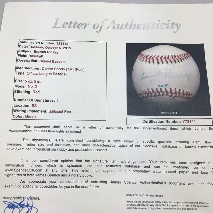The Finest Branch Rickey Single Signed Autographed Baseball On Earth JSA COA