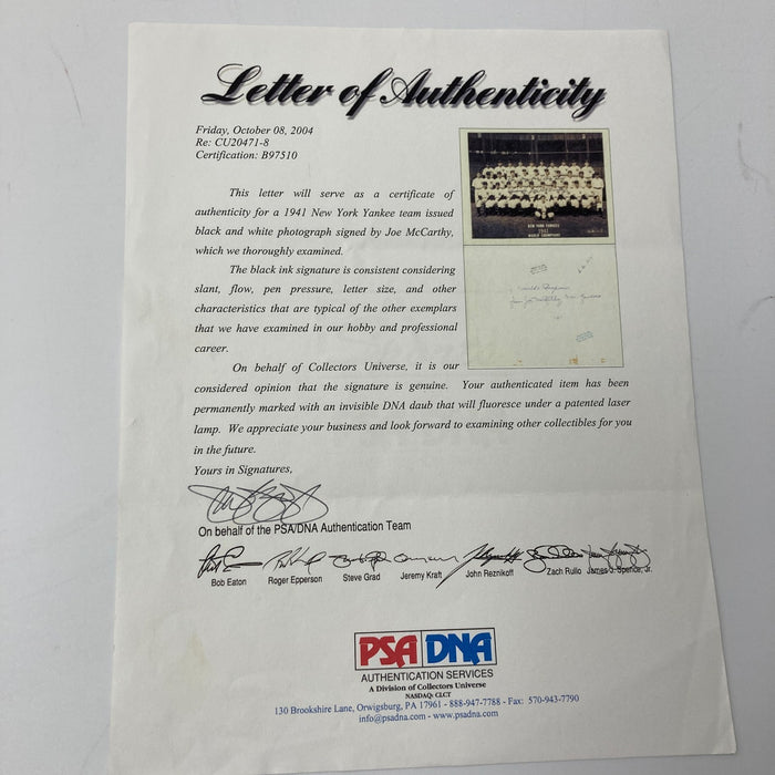 Joe Mccarthy Signed Original 1941 New York Yankees Team Photo With PSA DNA