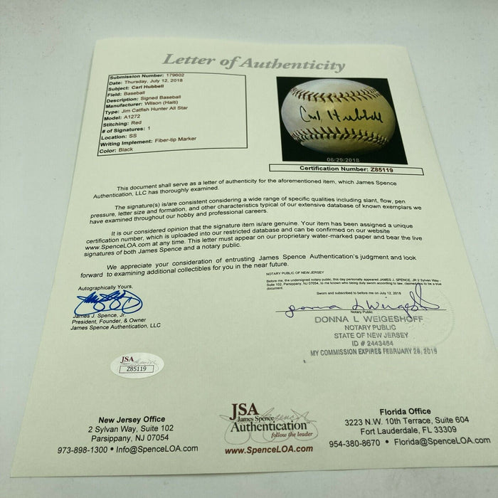 Carl Hubbell Single Signed Autographed Baseball JSA COA New York Giants HOF