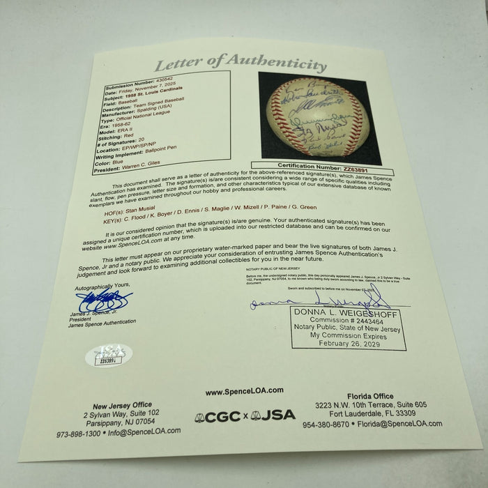 1958 St. Louis Cardinals Team Signed National League Baseball JSA COA