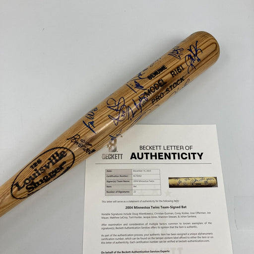 Joe Mauer Rookie 2004 Minnesota Twins Team Signed Baseball Bat Beckett COA