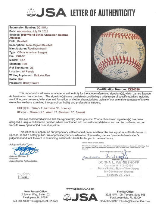 1989 Oakland A's World Series Champs Team Signed Baseball JSA COA