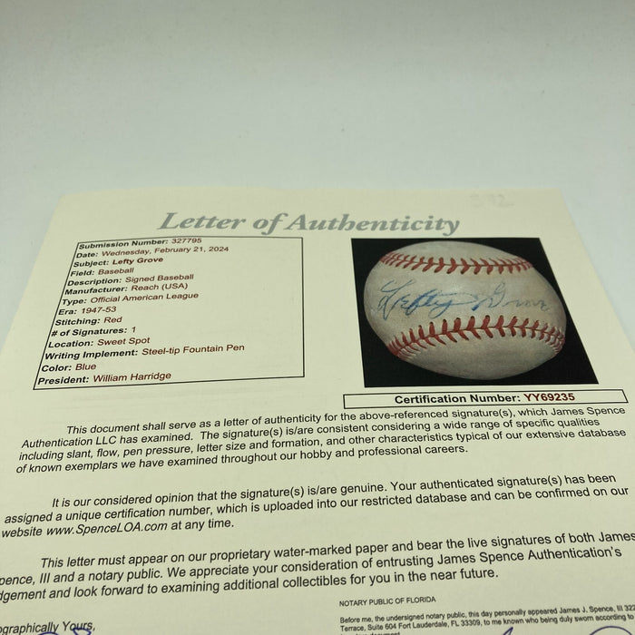 Lefty Grove Single Signed 1940's Official American League Harridge Baseball JSA