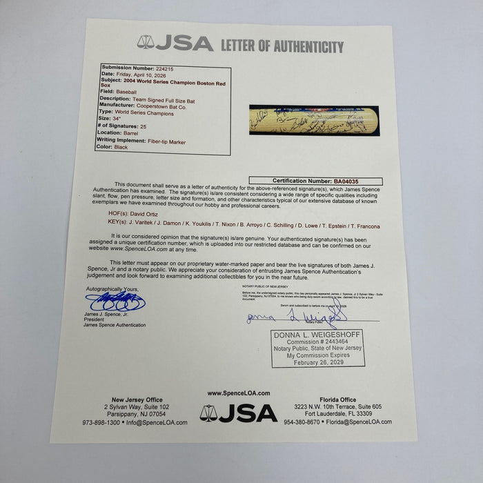 2004 Boston Red Sox World Series Champs Team Signed Baseball Bat JSA COA