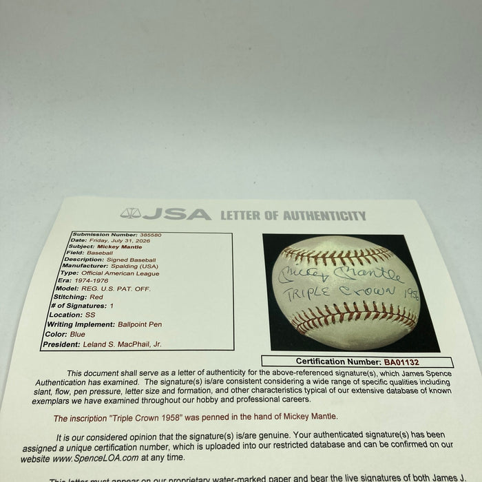 Beautiful Mickey Mantle Triple Crown 1956 Signed Inscribed Baseball JSA COA