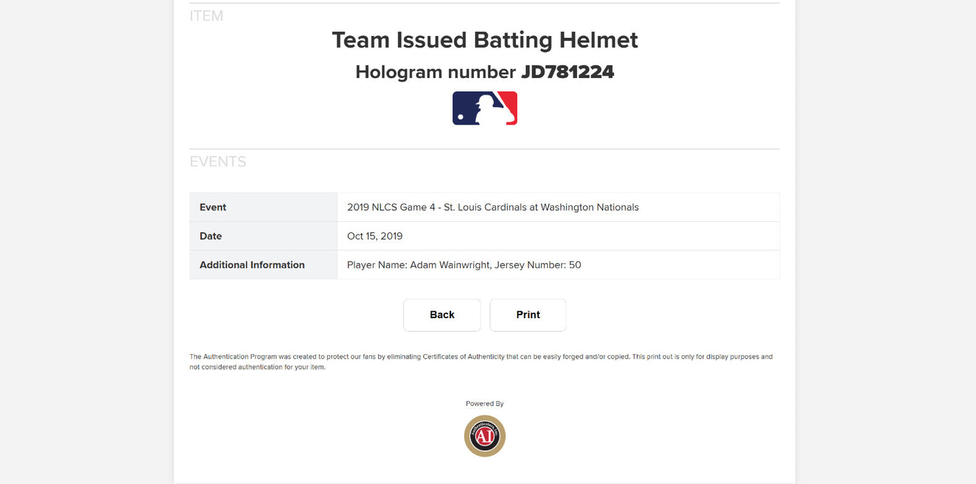 Adam Wainwright Signed 2019 NLCS Game 4 St. Louis Cardinals Game Helmet Beckett