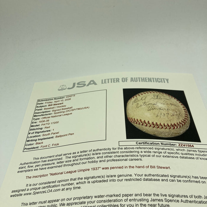 Bill Stewart Signed 1937 Baseball NHL HOF Chicago Blackhawks Stanley Cup JSA