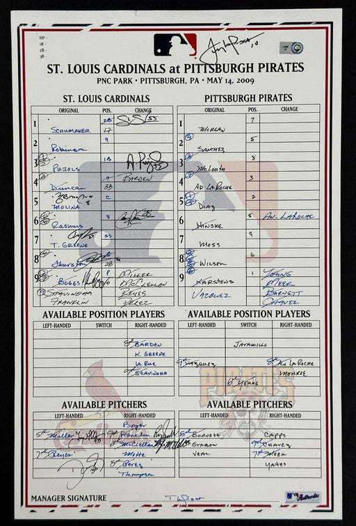 2009 St. Louis Cardinals Team Signed Game Used Lineup Card Albert Pujols Beckett