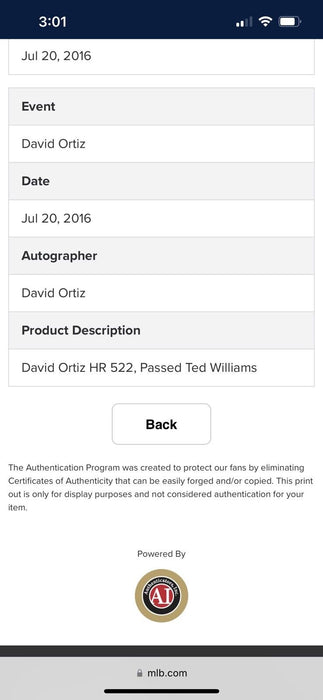 David Ortiz 522nd Home Run Signed Game Used Baseball Passes Ted Williams