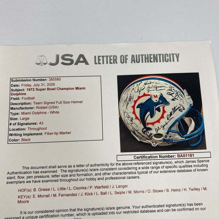 1972 Miami Dolphins Super Bowl Champs Team Signed Full Size Helmet JSA COA