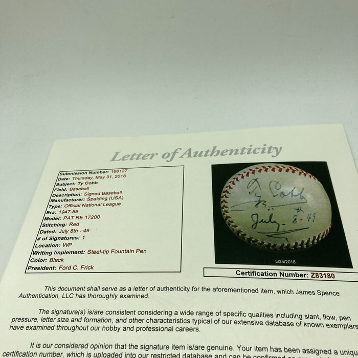The Finest Ty Cobb Single Signed National League Baseball PSA DNA & JSA COA